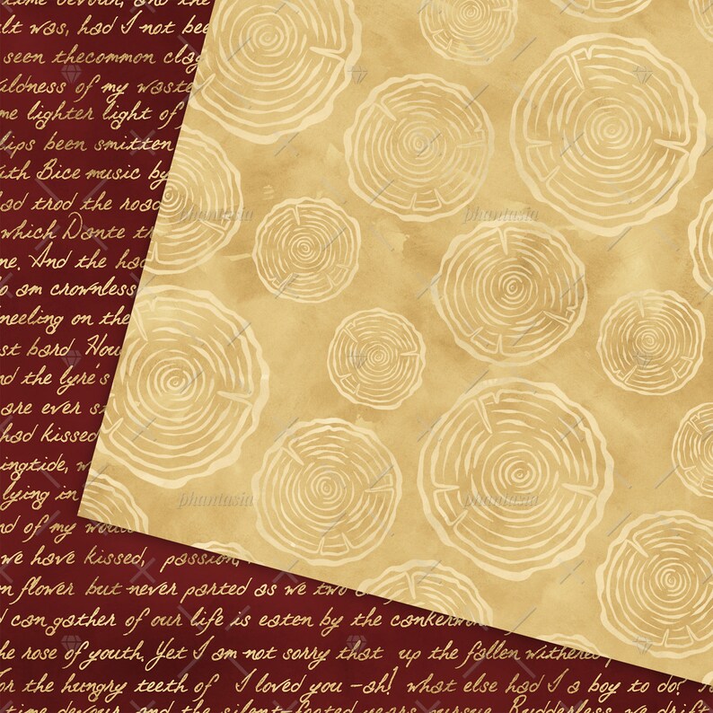 May include: A vintage-style background with a red and brown color scheme. The background features a repeating pattern of white tree rings. The text "I loved you -sh!" is visible in the lower right corner.