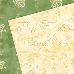 May include: A digital paper pack with two seamless patterns. One pattern features gold keys on a green background. The other pattern features gold leaves on a cream background.