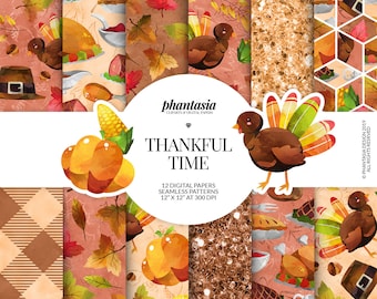 Thanksgiving Digital Paper, Thanksgiving Pattern, Seamless Patterns, Fall Background, Turkey Patterns, Thanksgiving Plaid