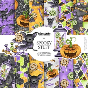 May include: A set of 12 digital papers featuring a spooky Halloween theme. The papers feature bats, pumpkins, candy, and lollipops in a variety of colors, including black, orange, green, purple, and yellow. The papers are seamless and can be used for a variety of projects, such as scrapbooking, card making, and digital design.