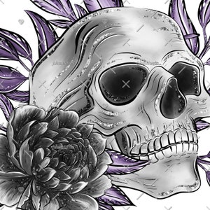 May include: A grayscale illustration of a human skull with a black and gray flower and purple leaves. The skull has silver glitter accents. The flower is in the lower left corner, and the leaves are in the background.