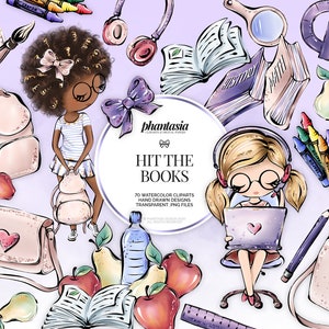 May include: Watercolor clipart set with a school theme. The image features illustrations of school supplies, books, backpacks, and cartoon figures of girls. The text "HIT THE BOOKS" is displayed on a white circle. The color palette includes pink, purple, and blue.