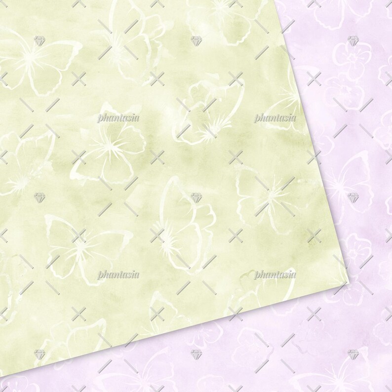 May include: Two seamless patterns featuring a watercolour background with white butterfly silhouettes. The first pattern is on a light green background and the second pattern is on a light purple background.