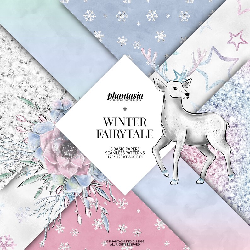Pu&ograve; includere: Un set di otto design di carta digitale con temi invernali. Le carte includono un cervo bianco con corna, fiocchi di neve e un motivo floreale con fiori rosa e blu. Le carte misurano 30,48 cm x 30,48 cm e 300 DPI.