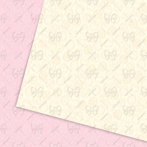 May include: A seamless pattern featuring a light pink background with a white outline of eggs and bows. The pattern is repeated throughout the image. The right side of the image features a cream background with a white outline of eggs and bows. The pattern is repeated throughout the image.