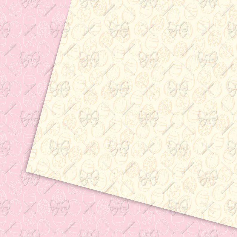 May include: A seamless pattern featuring a light pink background with a white outline of eggs and bows. The pattern is repeated throughout the image. The right side of the image features a cream background with a white outline of eggs and bows. The pattern is repeated throughout the image.