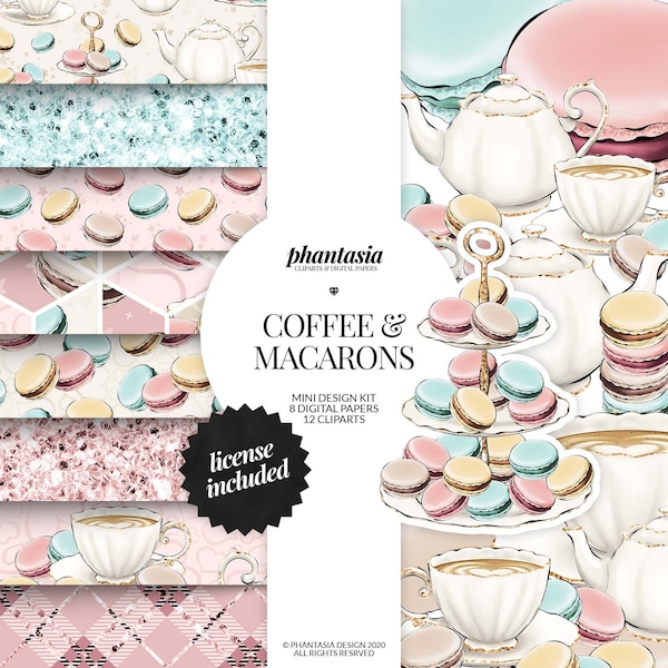 Coffee Party Clipart Set, Macarons Papier numérique, Graphiques mignons, Clipart printemps, printemps numérique, Macarons Pattern, Sweets Clipart