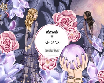 Arcana Watercolor Cliparts, Zodiac Clipart, Crystals Cliparts, Fashion Clip Art, Hand Drawn Clipart, Watercolor Crystals, Magic Cliparts