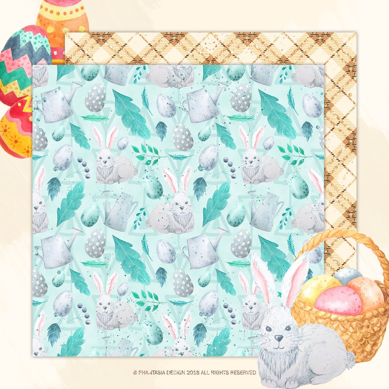 May include: A seamless pattern featuring watercolor illustrations of bunnies, eggs, leaves, and watering cans on a light blue background. The pattern is perfect for Easter crafts and projects.