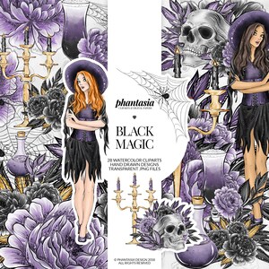 May include: Digital art featuring a witch with red hair and a black outfit, surrounded by purple flowers, skulls, candles, and potion bottles. The text "BLACK MAGIC" is displayed prominently, along with design details.