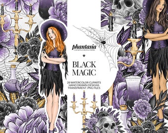Halloween Cliparts, Halloween Fashion, Halloween Planner, Witch Cliparts, Halloween Floral, Elegant Halloween, Fashion Girl Clipart, Skull