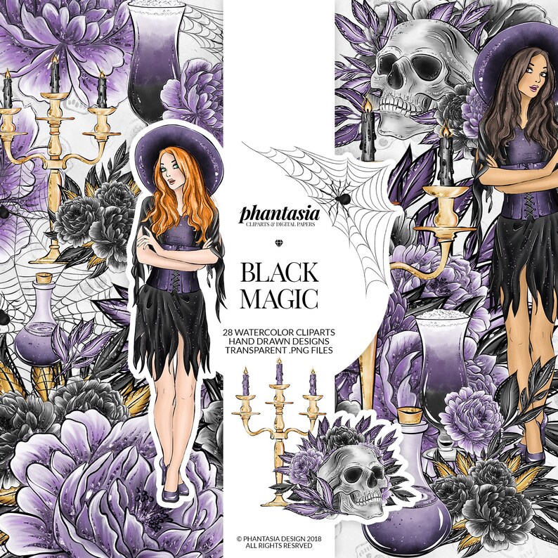 May include: Digital art featuring a witch with red hair and a black outfit, surrounded by purple flowers, skulls, candles, and potion bottles. The text "BLACK MAGIC" is displayed prominently, along with design details.