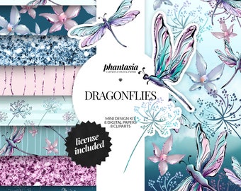 Dragonflies Clipart Bundle, Dragonflies Digital Papers, Dragonfly Watercolor Clipart, Seamless Patterns, Dragonflies Kit, Dragonfly Png