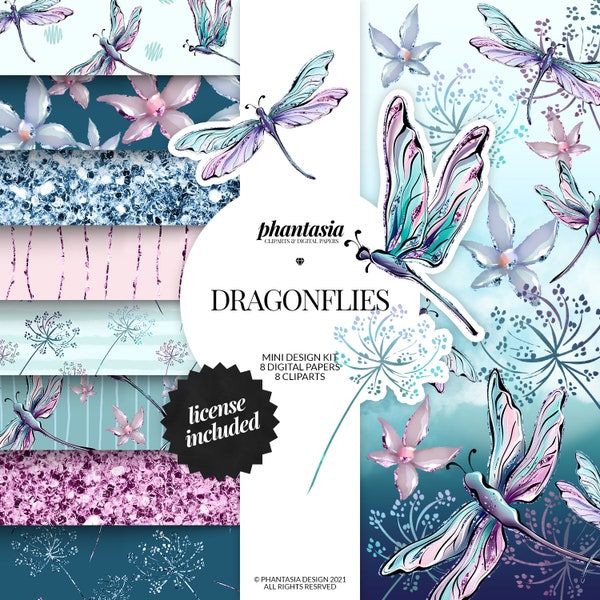 Dragonflies Clipart Bundle, Dragonflies Digital Papers, Dragonfly Watercolor Clipart, Seamless Patterns, Dragonflies Kit, Dragonfly Png