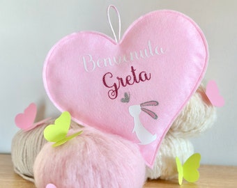 Corazón de Nacimiento personalizable con el nombre del bebé y disponible en rosa y celeste