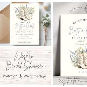 Western Bridal Shower Invitation & Sign: Boots, Bubbly, Wildflowers (Digital Template, Editable Canva