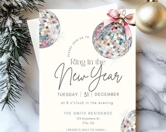 Disco Ball New Year's Eve Invitation: Pink Bow, Sparkle (Digital Template)