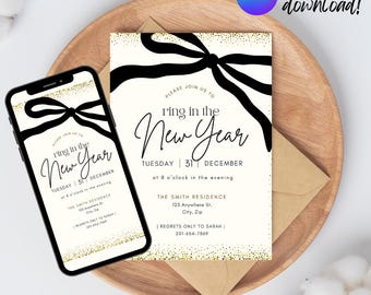 Black Bow New Year’s Eve Party Invitation | Editable Canva Template | Gold Sparkle Holiday Party Invite | Elegant NYE | Digital Download