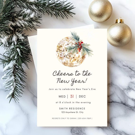 Editable New Year's Eve Invitation with Gold Disco Ball | Cheers to the New Year Invite | Digital Template |