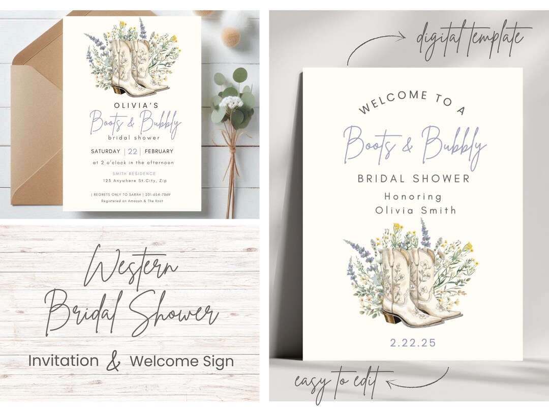 Invite Sign Western Bridal Shower Invitation & Sign: Boots, Bubbly, Wildflowers ...