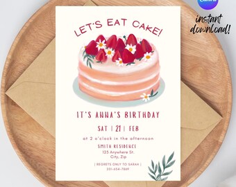 Könnte beinhalten: Geburtstagseinladungskarte mit Kuchenillustration, Text "LET'S EAT CAKE!" und "IT'S ANNA'S BIRTHDAY". Die Karte liegt auf einem Holztablett mit einem Umschlag. Das Canva-Logo und der Text "instant download!" sind sichtbar.