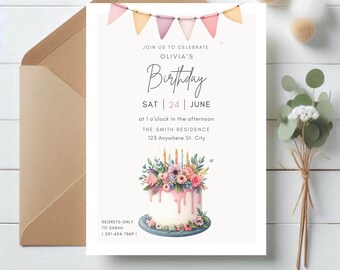 May include: A birthday invitation with a watercolor design. The invitation features the text "Join us to celebrate Olivia's Birthday" and event details. A cake with floral decorations is at the bottom. A brown envelope is on the left.