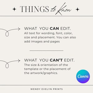 May include: A light beige graphic with the text "THINGS to Know" at the top. The text explains what can and cannot be edited in a template, including wording, font, color, and size. The Canva logo is in the bottom right.