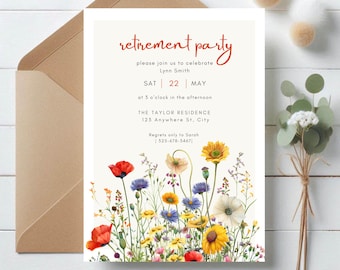 May include: A retirement party invitation with a floral design. The invitation is for Lynn Smith on Saturday, May 22nd at 3 o'clock in the afternoon at The Taylor Residence, 123 Anywhere St., City. The phone number for regrets is 525-678-5467.