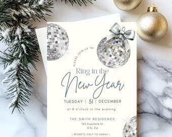 Silver Disco Ball New Year's Eve Invitation Template (Digital Download)