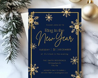 Gold Snowflake New Year's Eve Invitation: Modern Canva Template (Digital Download)