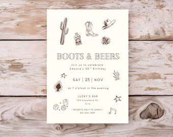 Invitación de cumpleaños número 40 de Boots and Beers: invitación de cumpleaños para hombre con temática del oeste / Plantilla de invitación digital editable