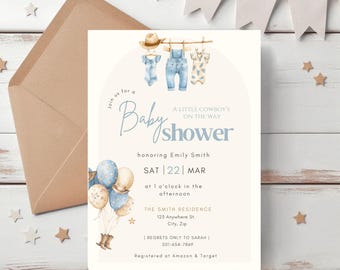 Blue Jean Baby Shower Invitation: Western Cowboy Overalls, Boots (Editable Canva Template Digital Download