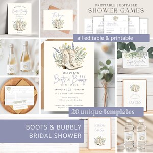 Puede incluir: Una colección de plantillas imprimibles y editables para una despedida de soltera con el tema "Boots & Bubbly". Los diseños incluyen invitaciones, tarjetas de agradecimiento, juegos y señalización, todos con botas de vaquero en acuarela y detalles florales.