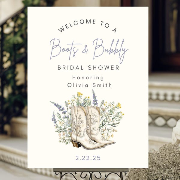 Rustic Cowgirl Bridal Shower Welcome Sign: Boots, Bubbly & Wildflowers Digital Template