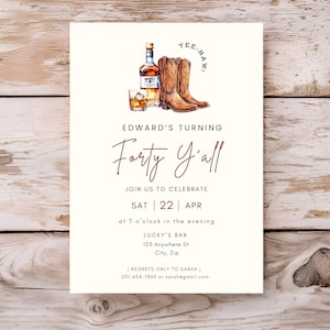 Invito rustico per il 40° compleanno di un cowboy con whisky / Modello digitale modificabile per una festa in stile country western