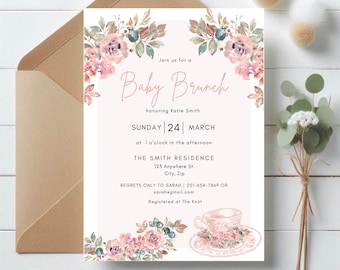 May include: A white baby shower invitation with pink floral illustrations. The text reads "Join us for a Baby Brunch honoring Katie Smith. Sunday 24 March at 1 o'clock in the afternoon. The Smith Residence 123 Anywhere St. City, Zip. Regrets only to Sarah | 201-654-7869 or sarahegmail.com. Registered at The Knot."