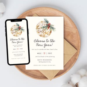 May include: New Year's Eve invitation with a gold glitter ball design, text "Cheers to the New Year!" and event details. The invitation is on a wooden plate with a smartphone displaying the same design.