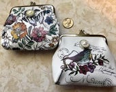 Change Coin purse, floral, bird, butterfly including simulated pearl crystal snap button