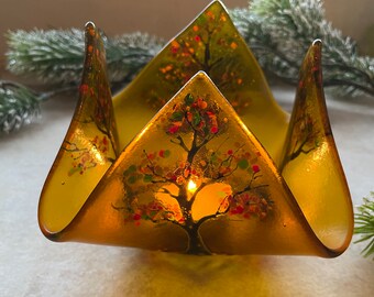 Fused Glass Tea Light Holder Fall Tree Votive Holder
