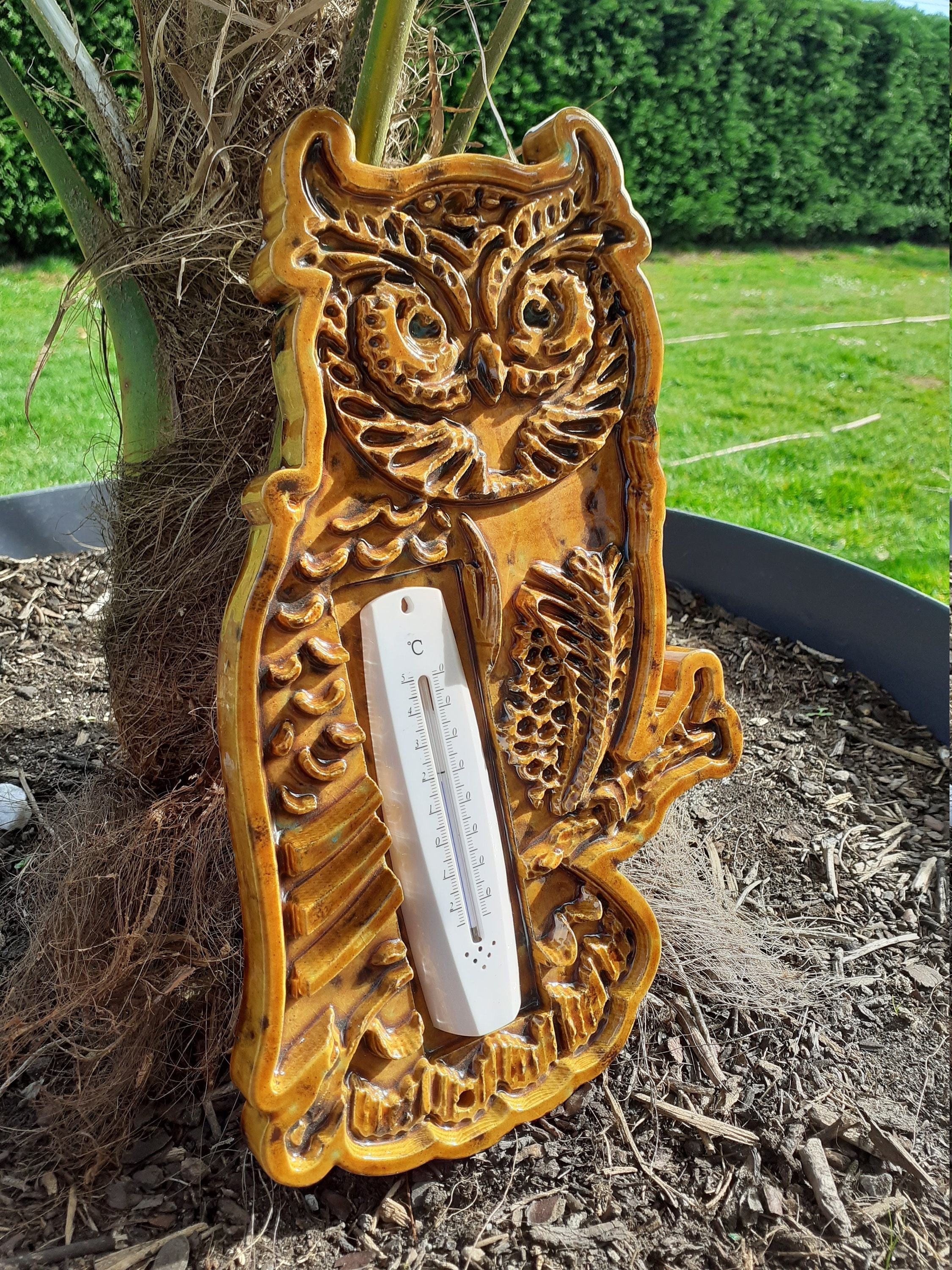 Owl Thermometer, Interior Decoration, Wall Exterior Decorative Thermometer in Earthenware, Decoratio