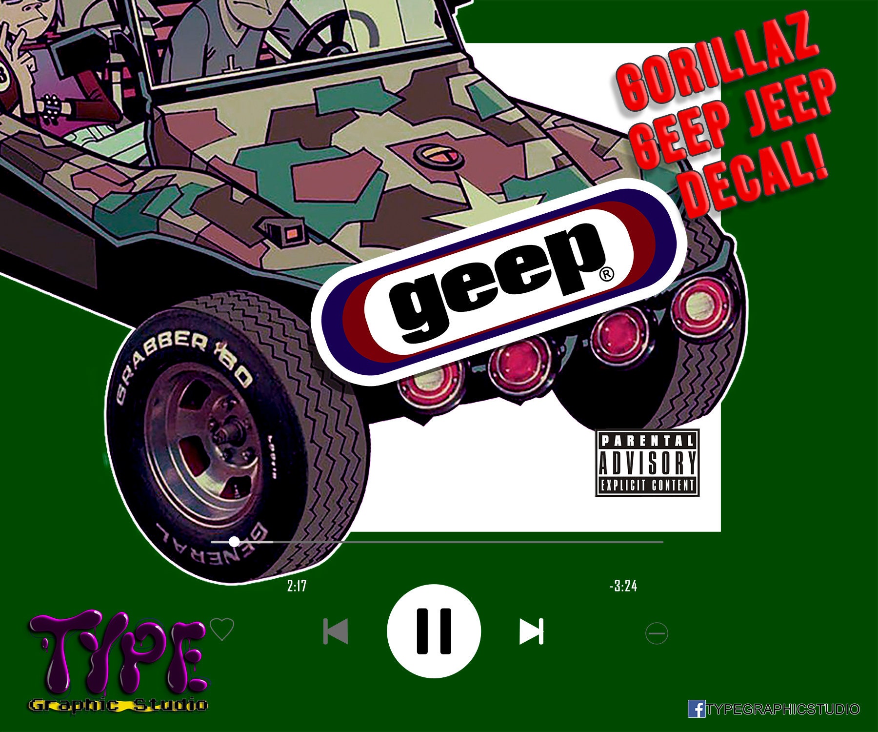 Gorillaz Geep Decal- Clint Eastwood Jeep - Bonesy - Skull -noodle