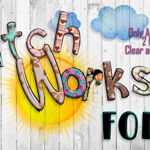 May include: Patchwork font design with two font types, clear and filled styles. The font is displayed against a white wood background with a sun and clouds.