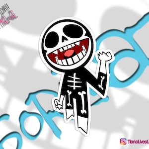 May include: A cartoon skeleton wearing a black and white skeleton costume with a big toothy grin. The skeleton is waving with its right hand. The background is a light blue and white swirl.