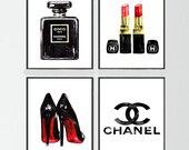 Chanel Noir perfume Set of 4, Chanel painting, Chanel logo print, Christian Louboutin Shoes print, Chanel poster, Chanel warecolor painting