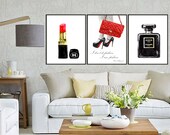 Chanel print set of 3, Chanel lipstick, Christian Louboutin shoes, Chanel bag print, Chanel perfume print, Chanel poster, Chanel warecolor