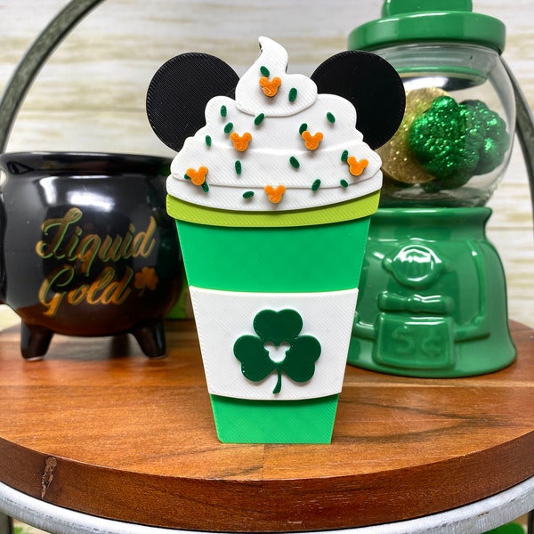 Mickey Shamrock Latte Tray Trinket (St Patrick's Day Tiered Tray Decor, Disney Home Decor, Coffee Lover, Irish, Pot of Gold, Coffee Nook)