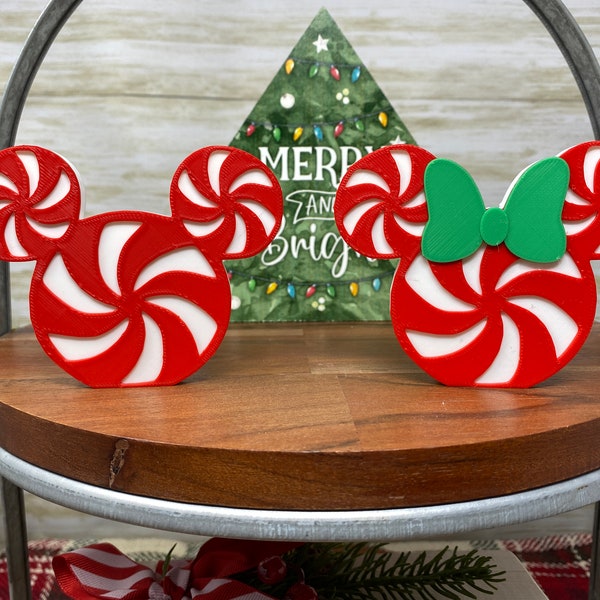 Peppermint Mickey and Minnie Tray Trinkets (Disney Christmas Tiered Tray Decor, Disney Home, 3D Printed, Shelf Sitter, Candy Cane)