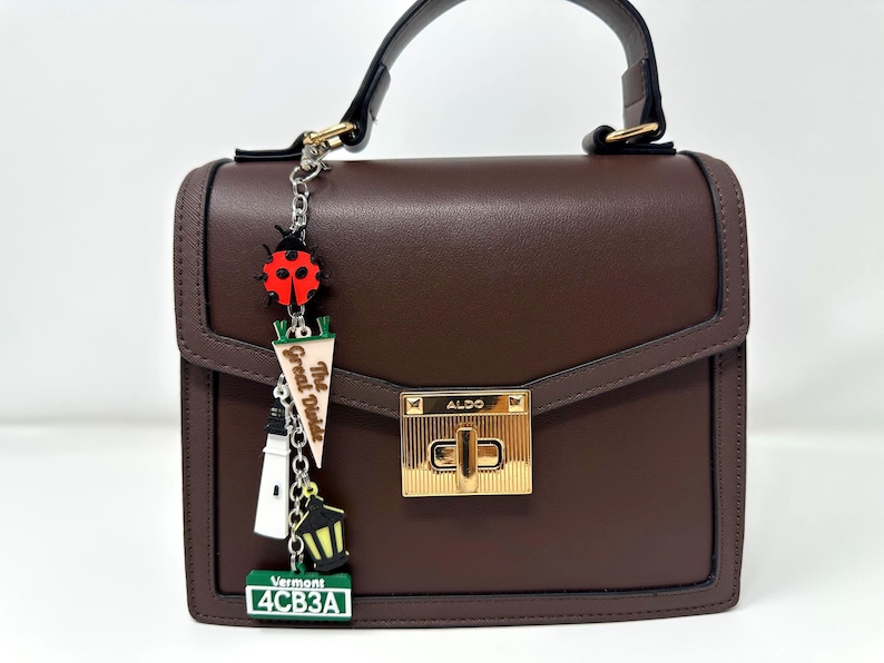 May include: A structured dark brown handbag with a gold-tone turn-lock closure labeled ALDO. A silver chain charm hangs from the handle, featuring a red ladybug, a pennant reading The Great Divide, a lighthouse, a lantern, and a Vermont license plate.