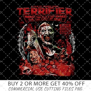 Op de afbeelding: Een horror-thema afbeelding met een dreigende clown die een bloedig mes vasthoudt, met de titel "TERRIFIER" in het rood. De afbeelding bevat tekst die waarschuwt voor grafische inhoud en de woorden "Chaos! Violence! Gore!"