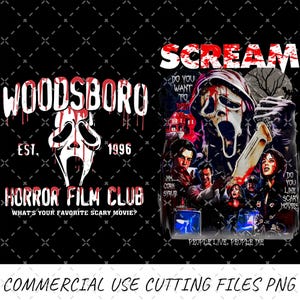 May include: A black graphic design featuring text and imagery from the horror film "Scream." The design includes the words "Woodsboro Horror Film Club" and a depiction of the Ghostface mask. The word "Scream" is also displayed.